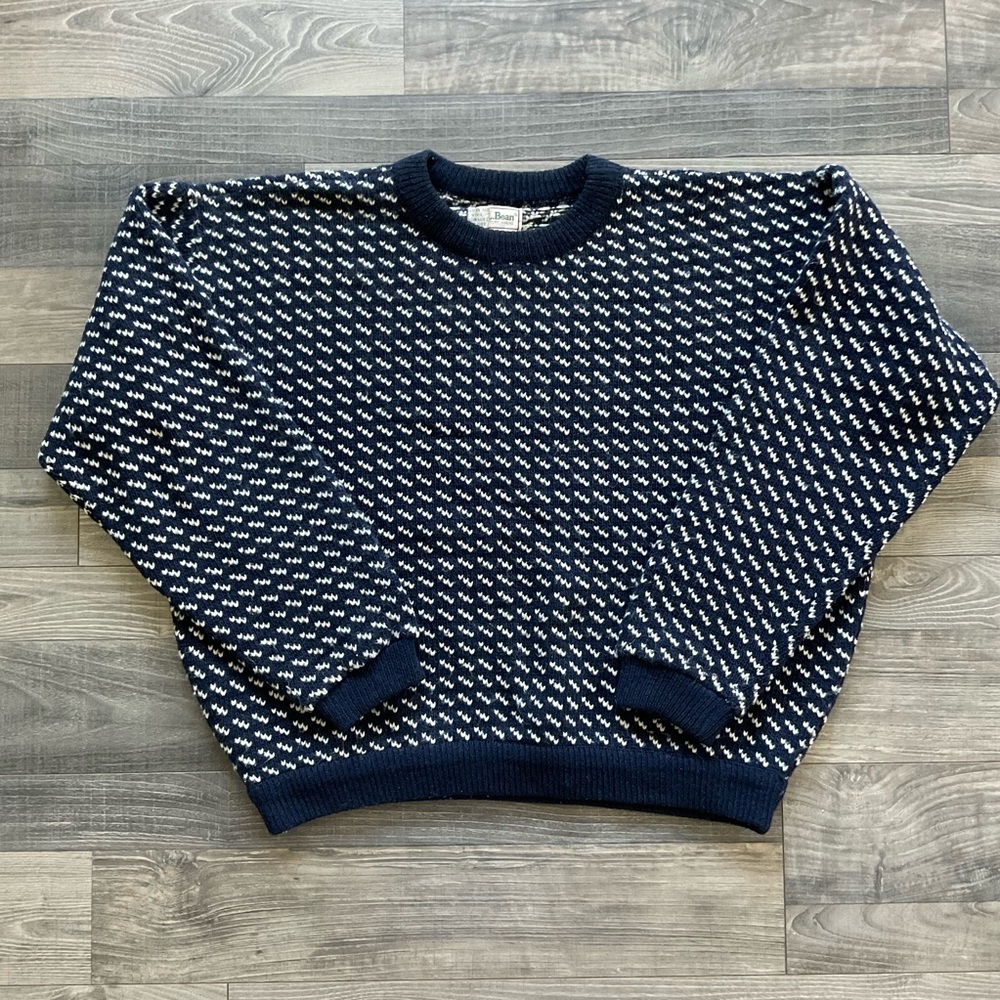 LL Bean Signature Birdseye Wool Crew Neck Sweater Men’s XL Navy White Norway
